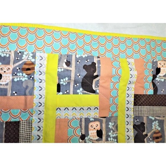 Baby quilt "Honey Bears in Trees" forest animals owls bears squirrels bees 40X50 - Picture 3 of 7